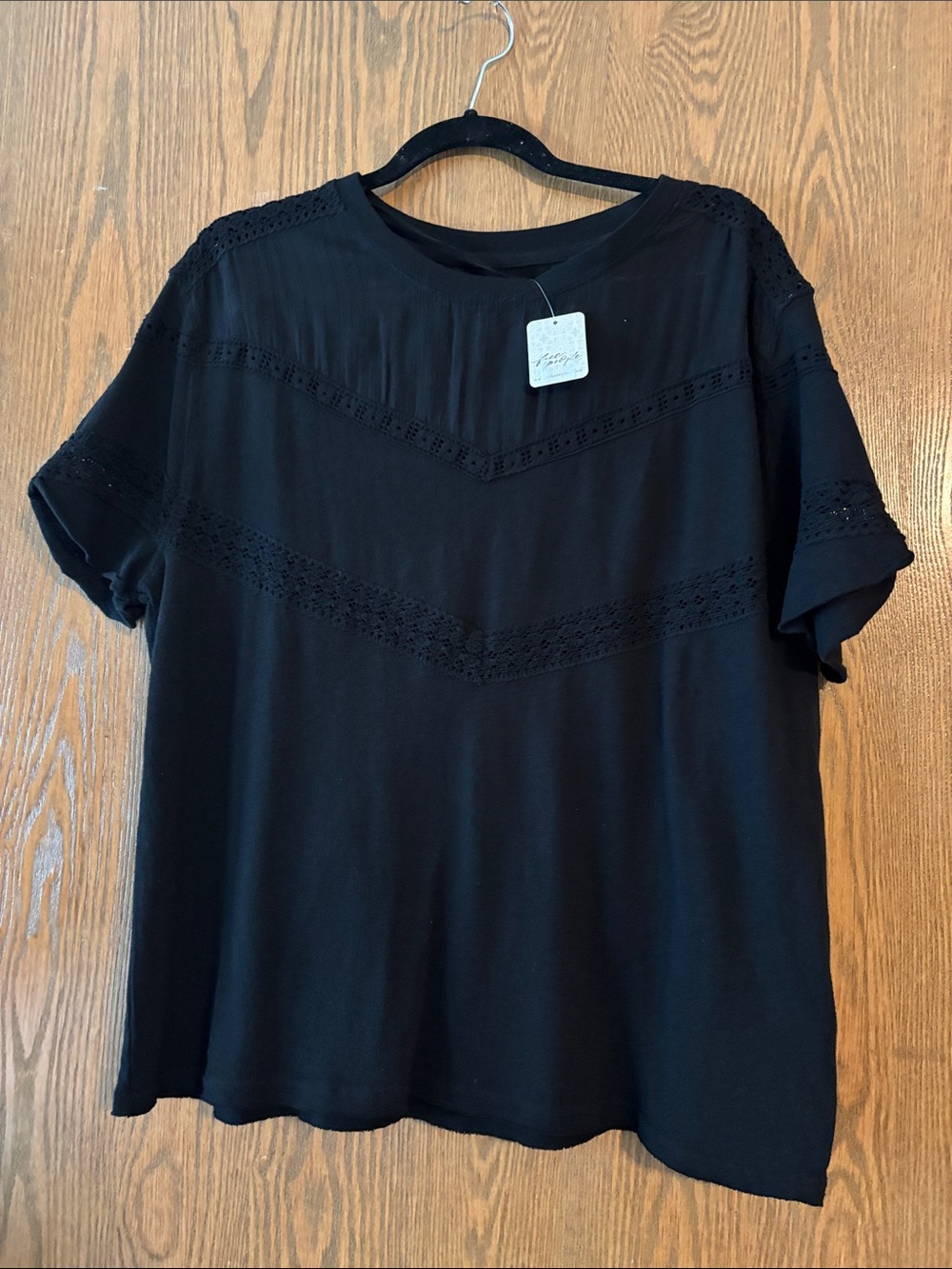 Free People we the free Black Women's Crochet-Trim Short Sleeve Top Size XS NWT